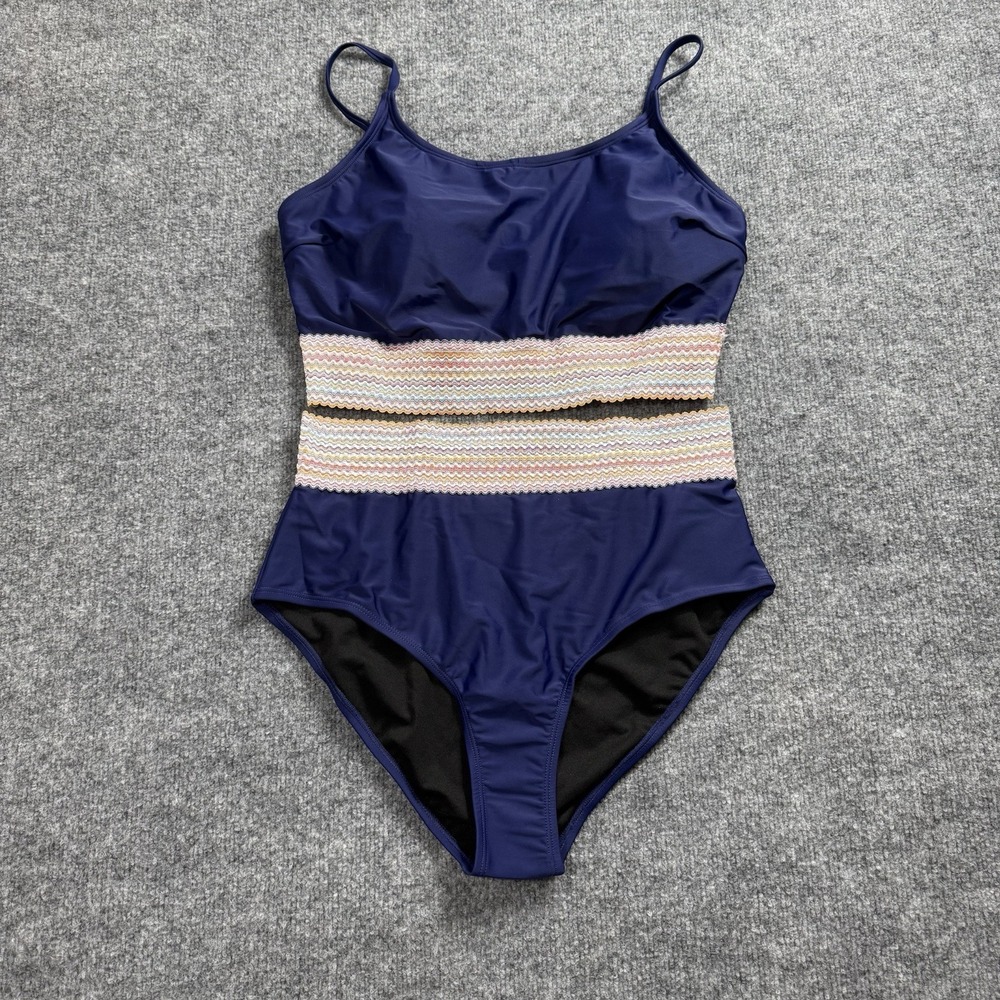 Navy Blue Two Piece Swimsuit High Waisted Bikini Set Crochet Band Detail Size XL